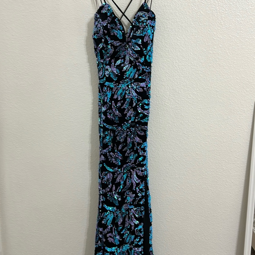 Midnight Doll Prom Dress , Black Velvet with Blue and Purple Sequins
